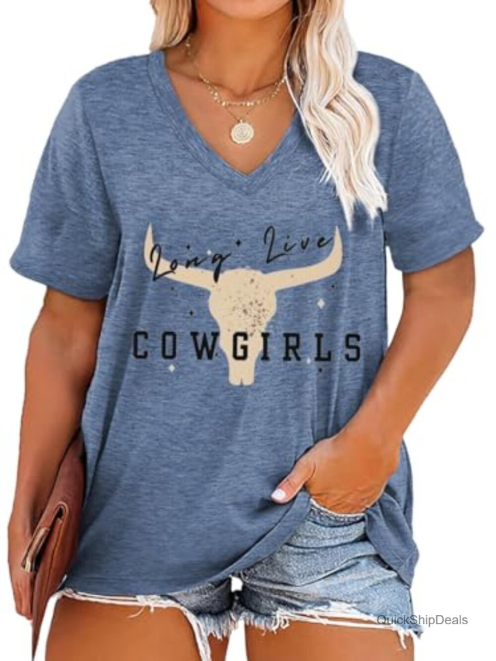 Womens Plus Size V-Neck Cow Skull T-Shirt Country Music Tee Short Sleeve